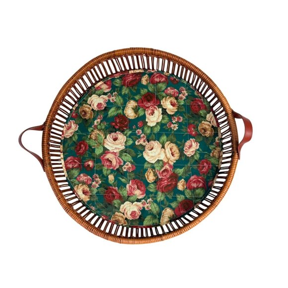 Rattan Round Serving Tray Wicker Leather Handles VTG 70s Kitchen Farmers Market - Picture 2 of 12